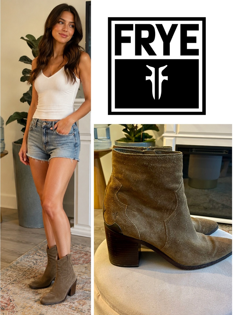 Frye Flynn Suede Western Ankle Booties in Camel Brown